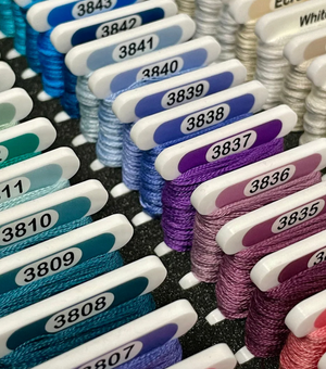 Pip And Chip DMC CLEAR or White 3mm acrylic bobbins with printed number and color swatch full set